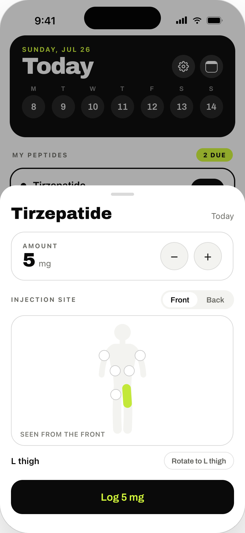 Logging a dose, with the injection site map